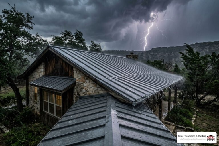 Metal roof withstanding a severe Texas Hill Country thunderstorm with high winds and rain - certified metal roofing Kerrville