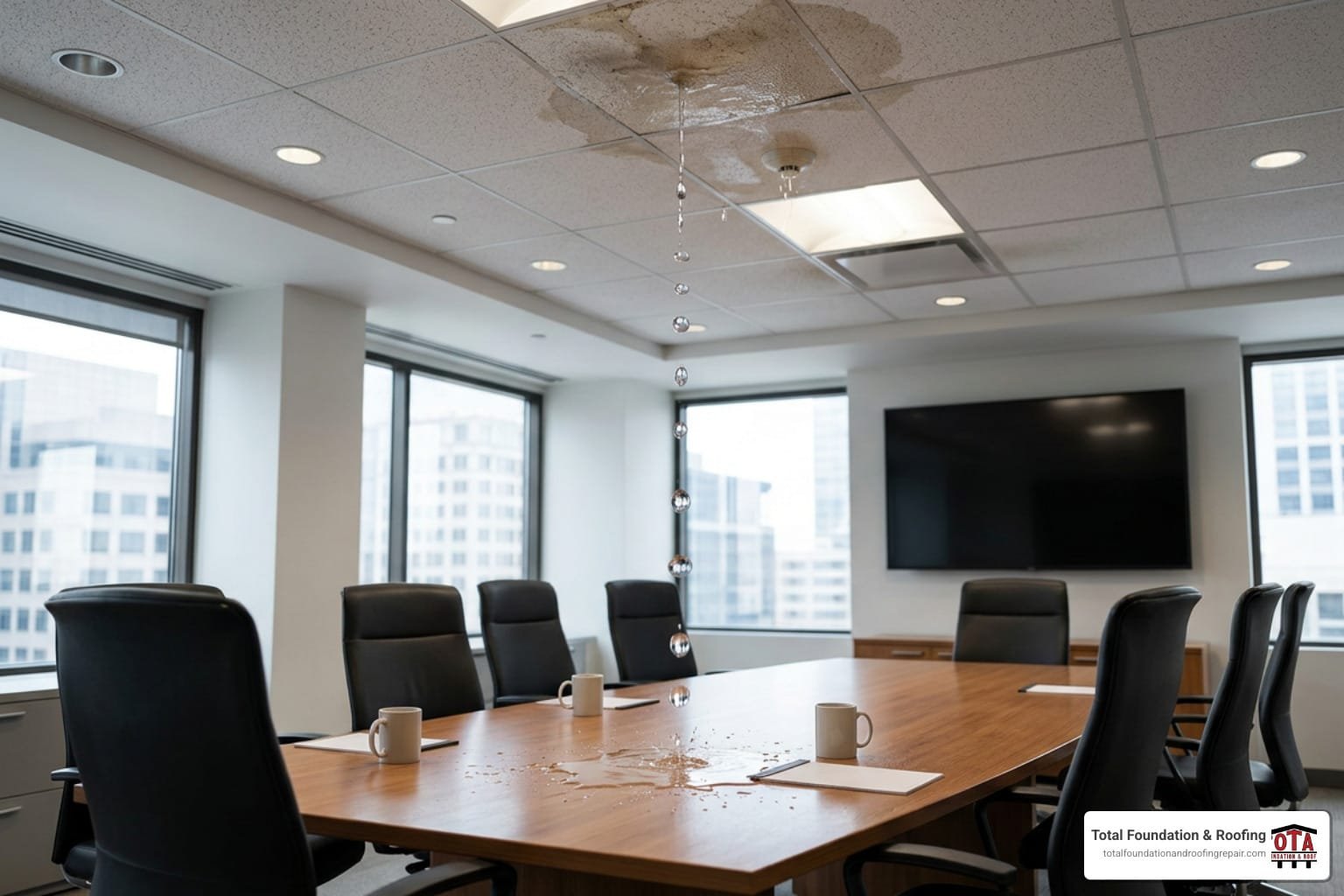 commercial roof leak water dripping into office boardroom