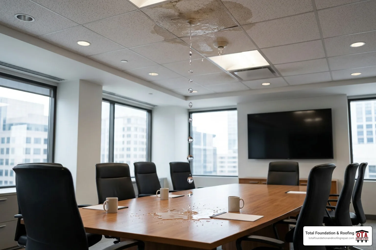 commercial roof leak water dripping into office boardroom