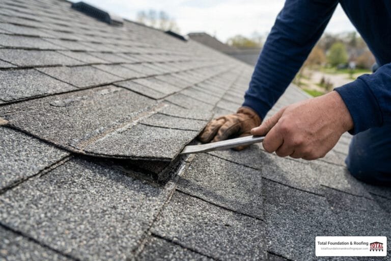 flat pry bar gently lifting an asphalt shingle on a roof