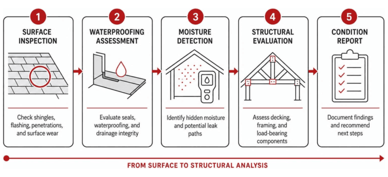 roof inspection process flow from surface to structural analysis