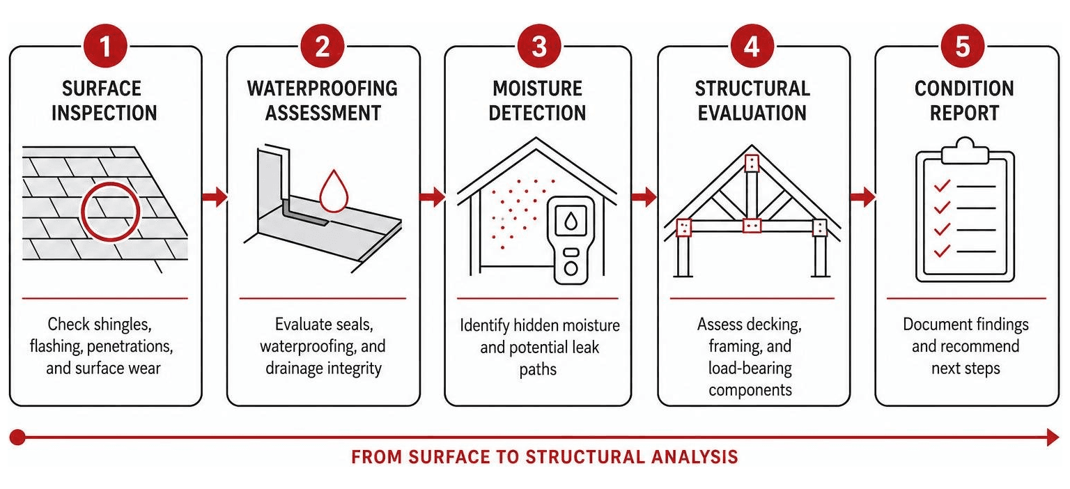 roof inspection process flow from surface to structural analysis