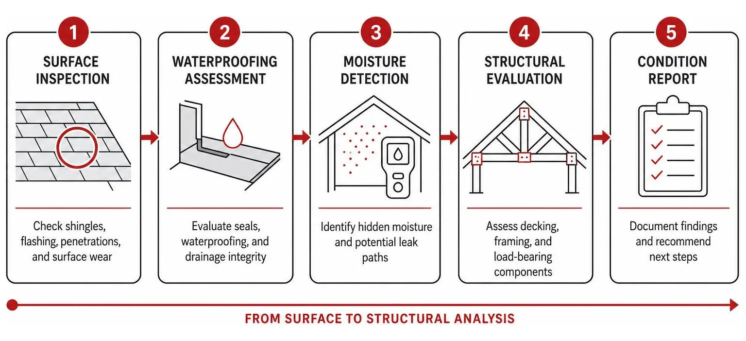 roof inspection process flow from surface to structural analysis